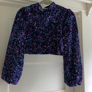 Zara Sequin blue pink purple and black cropped shirt